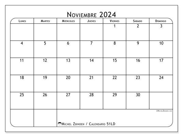Calendario noviembre 2024 “51”. Calendario para imprimir gratis.. De lunes a domingo
