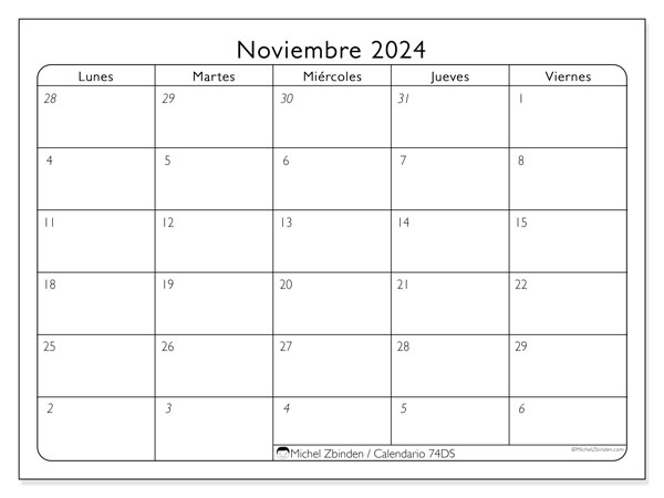 74DS, calendario de noviembre de 2024, para su impresión, de forma gratuita.