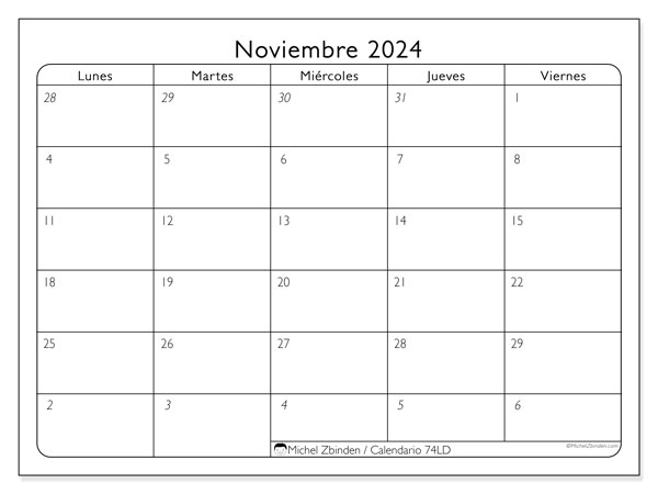 74LD, calendario de noviembre de 2024, para su impresión, de forma gratuita.
