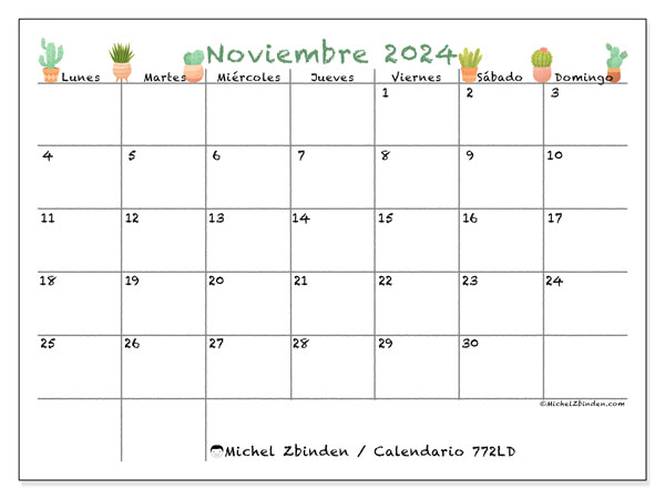 Calendario noviembre 2024, 772LD. Horario para imprimir gratis.