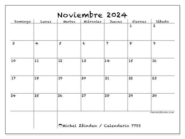 Calendario para imprimir, noviembre 2024, 77DS