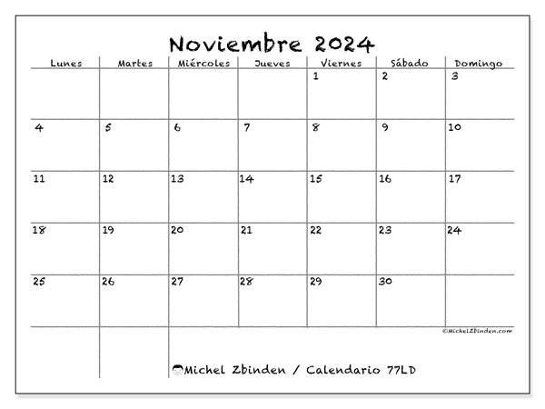 Calendario noviembre 2024, 77DS. Horario para imprimir gratis.
