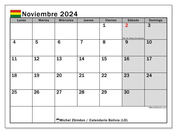 Bolivia (LD), calendario de noviembre de 2024, para su impresión, de forma gratuita.