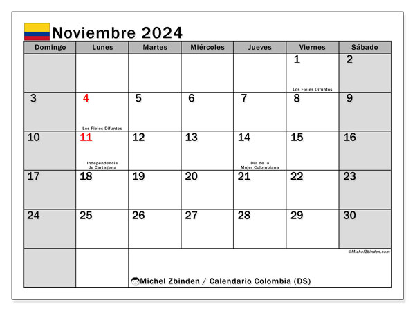 Calendario para imprimir, noviembre 2024, Colombia (DS)