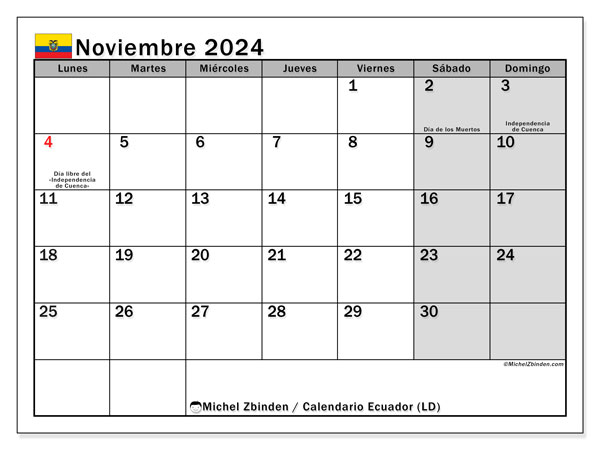 Ecuador (LD), calendario de noviembre de 2024, para su impresión, de forma gratuita.