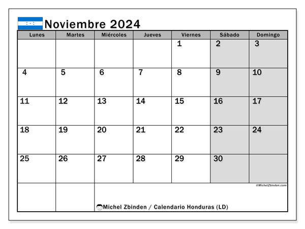 Honduras (LD), calendario de noviembre de 2024, para su impresión, de forma gratuita.