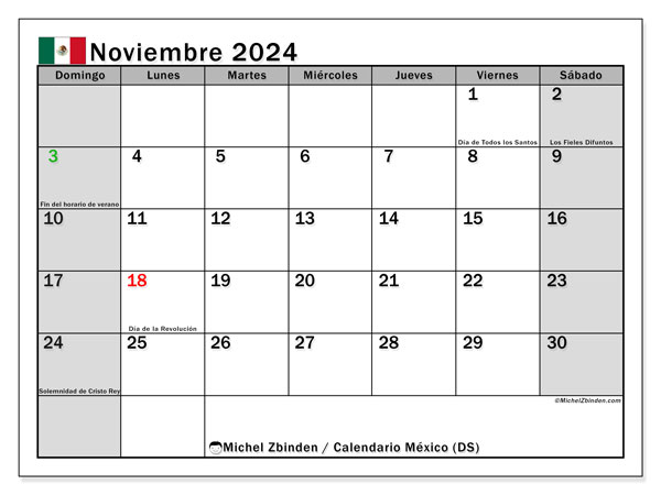 Calendario para imprimir, noviembre 2024, México (DS)