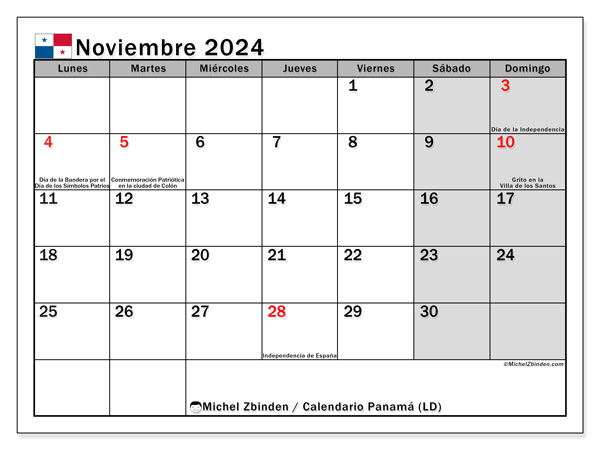 Calendario para imprimir, noviembre 2024, Panamá (LD)