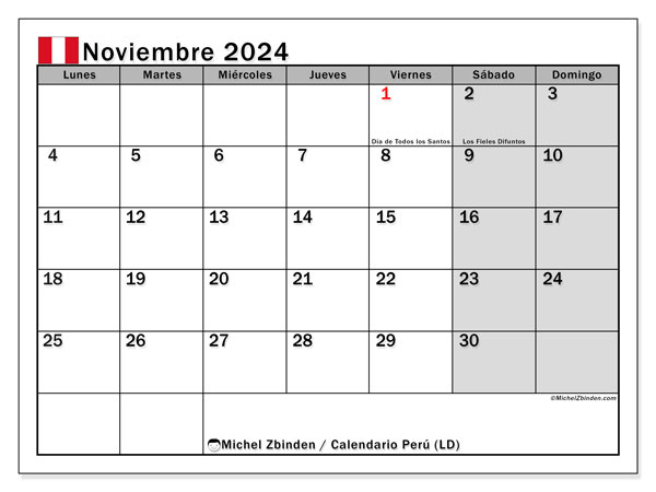 Perú (LD), calendario de noviembre de 2024, para su impresión, de forma gratuita.