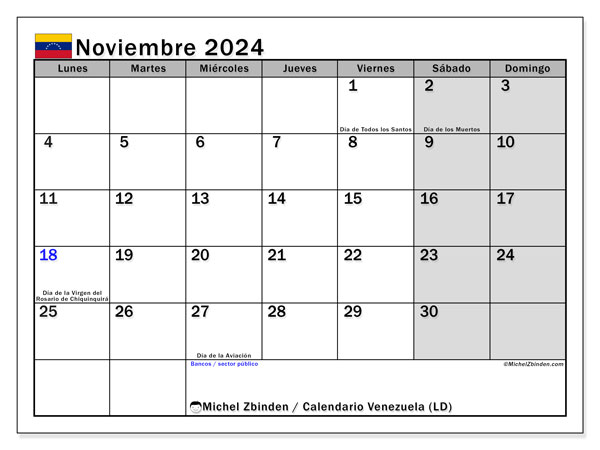 Calendario para imprimir, noviembre 2024, Venezuela (LD)