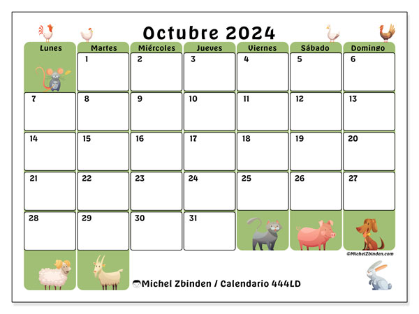 Calendario octubre 2024 “444”. Horario para imprimir gratis.. De lunes a domingo