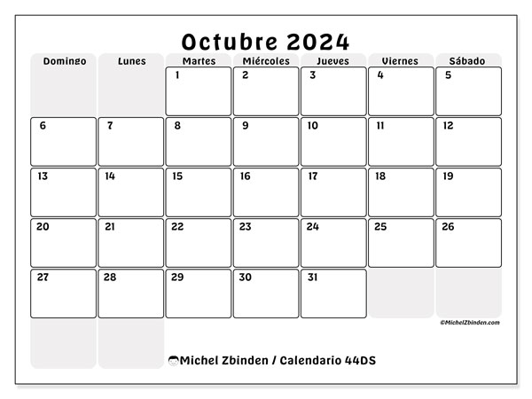 Calendario octubre 2024, 44DS. Diario para imprimir gratis.
