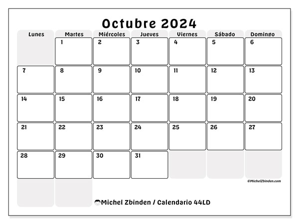 44LD, calendario de octubre de 2024, para su impresión, de forma gratuita.