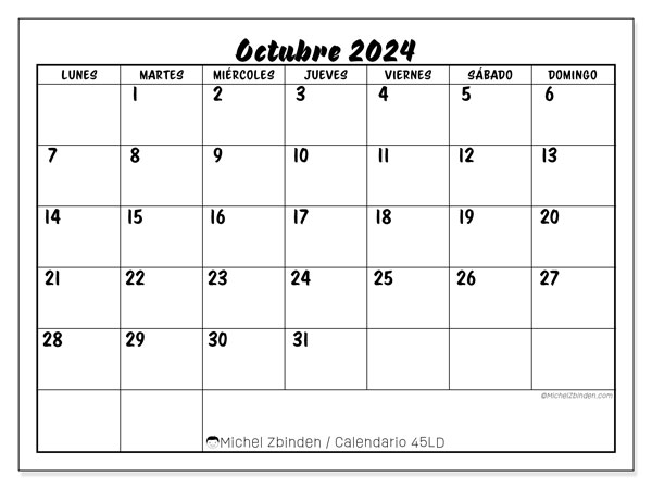 Calendario octubre 2024 “45”. Diario para imprimir gratis.. De lunes a domingo