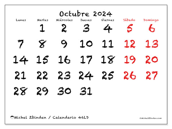 Calendario octubre 2024, 46LD. Calendario para imprimir gratis.
