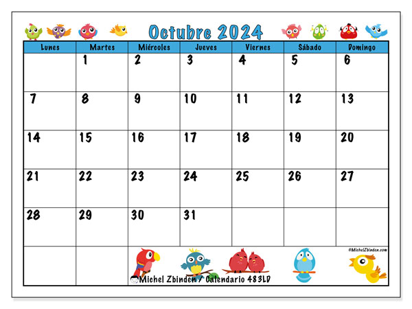 Calendario octubre 2024 “483”. Programa para imprimir gratis.. De lunes a domingo