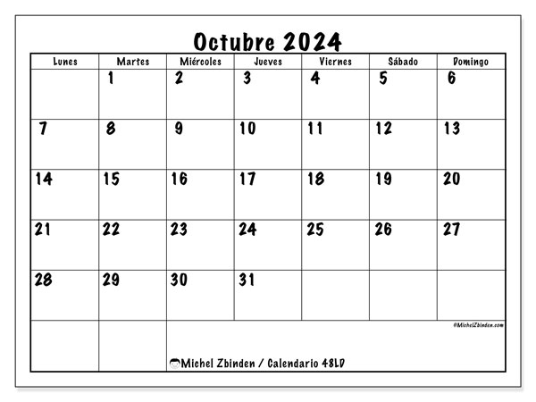 Calendario octubre 2024 “48”. Calendario para imprimir gratis.. De lunes a domingo