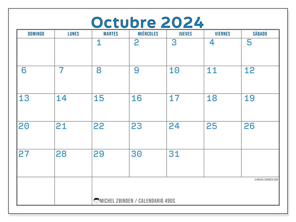 Calendario para imprimir, octubre 2024, 49DS