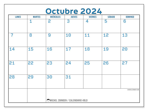 49LD, calendario de octubre de 2024, para su impresión, de forma gratuita.