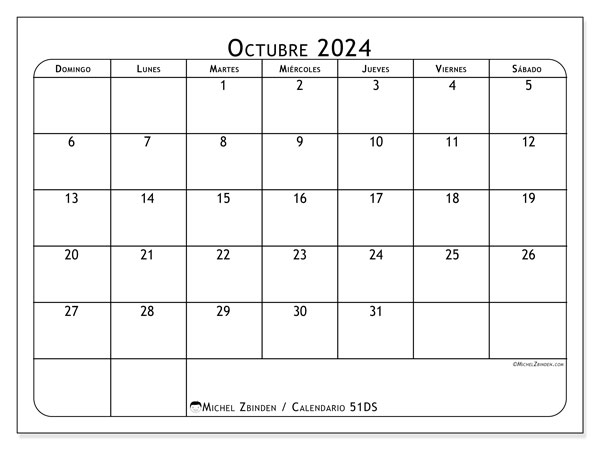 Calendario para imprimir, octubre 2024, 51DS