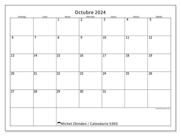 53DS, calendario de octubre de 2024, para su impresión, de forma gratuita.