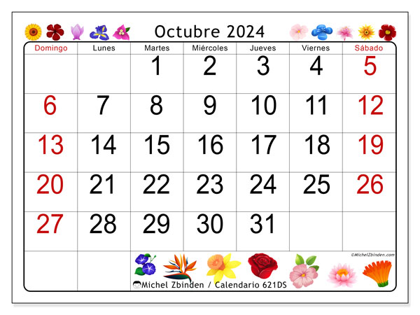 Calendario octubre 2024, 621DS. Horario para imprimir gratis.