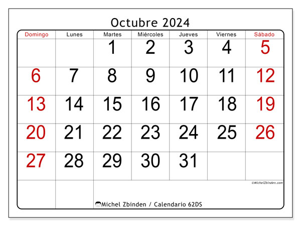 Calendario octubre 2024 “62”. Calendario para imprimir gratis.. De domingo a sábado
