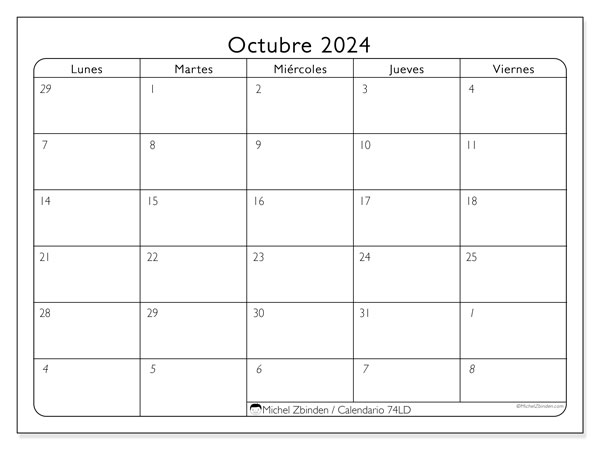 Calendario octubre 2024, 74DS. Diario para imprimir gratis.