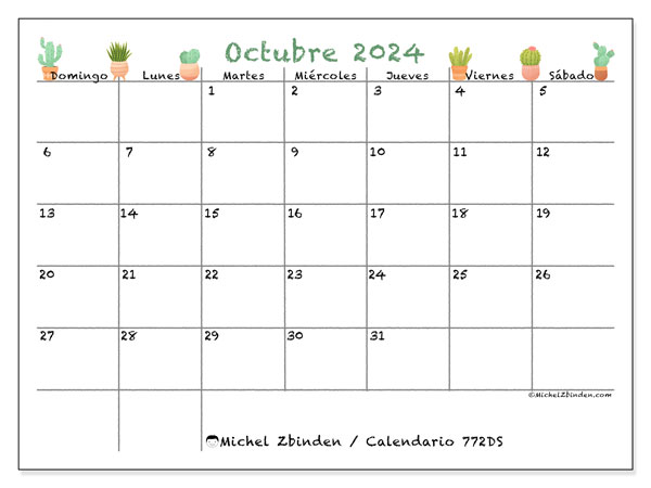 Calendario octubre 2024, 772DS. Diario para imprimir gratis.