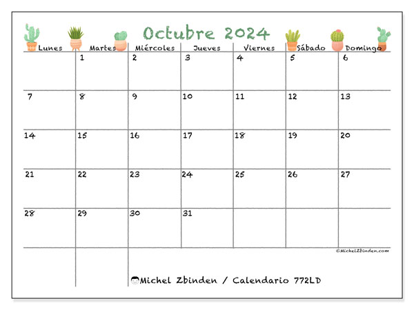 Calendario octubre 2024, 772LD. Programa para imprimir gratis.