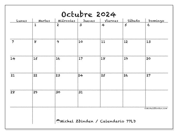 Calendario octubre 2024 “77”. Diario para imprimir gratis.. De lunes a domingo