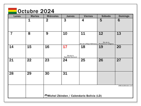 Bolivia (LD), calendario de octubre de 2024, para su impresión, de forma gratuita.