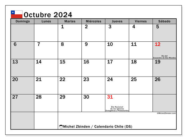 Chile (LD), calendario de octubre de 2024, para su impresión, de forma gratuita.