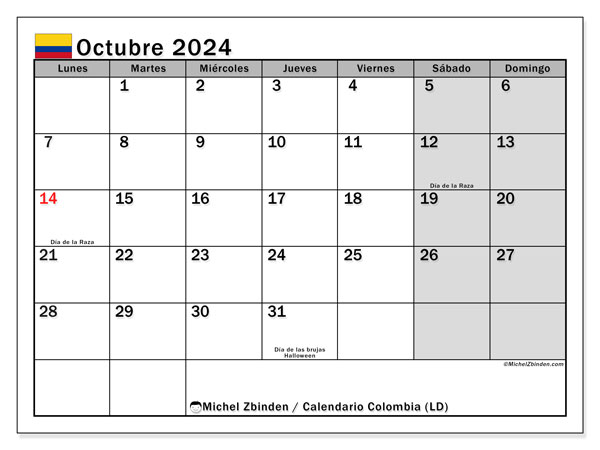 Calendario para imprimir, octubre 2024, Colombia (LD)