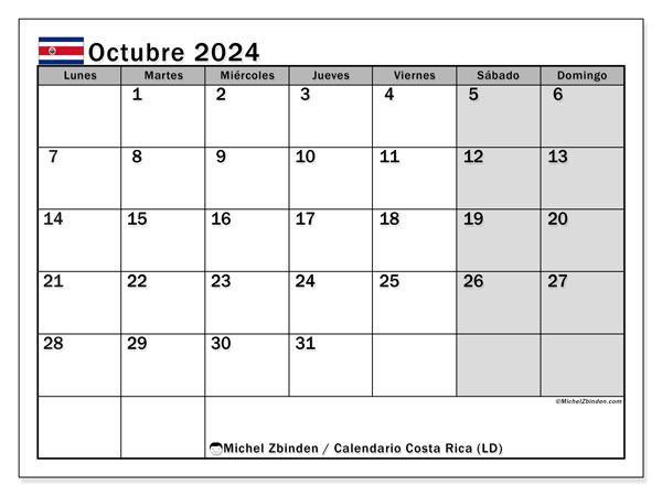 Costa Rica (LD), calendario de octubre de 2024, para su impresión, de forma gratuita.