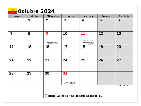 Ecuador (LD), calendario de octubre de 2024, para su impresión, de forma gratuita.