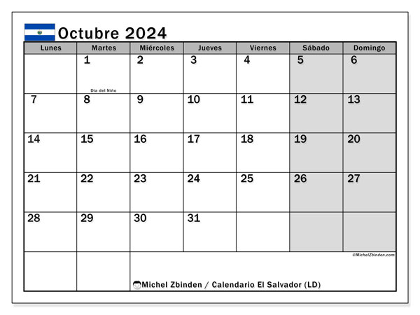 Le Salvador (LD), calendario de octubre de 2024, para su impresión, de forma gratuita.