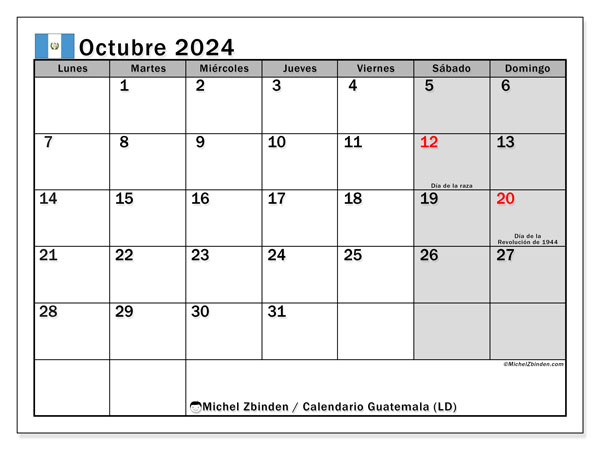 Calendario para imprimir, octubre 2024, Guatemala (LD)
