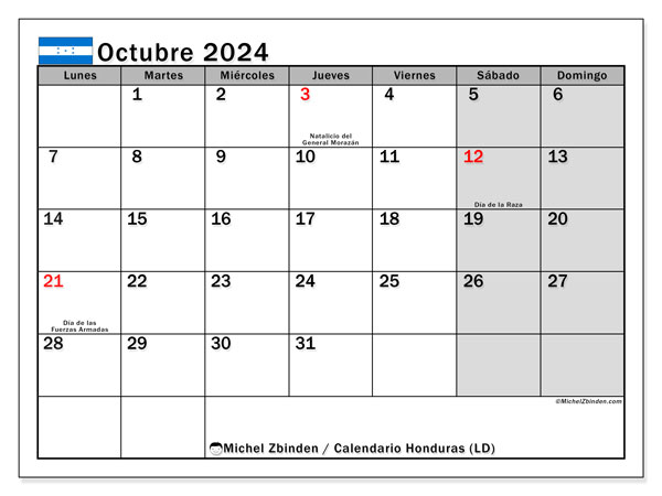 Honduras (LD), calendario de octubre de 2024, para su impresión, de forma gratuita.