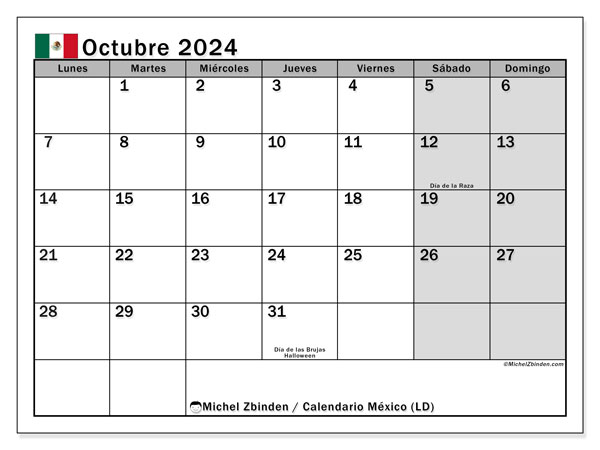 Calendario para imprimir, octubre 2024, México (LD)