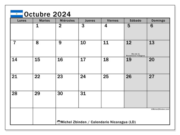 Nicaragua (LD), calendario de octubre de 2024, para su impresión, de forma gratuita.