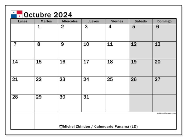 Calendario para imprimir, octubre 2024, Panamá (LD)