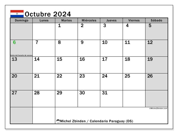 Calendar octombrie 2024, Paraguay (ES). Jurnal imprimabil gratuit.