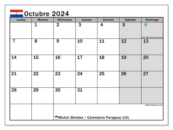 Paraguay (LD), calendario de octubre de 2024, para su impresión, de forma gratuita.