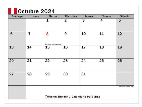 Calendario octubre 2024 “Perú”. Diario para imprimir gratis.. De domingo a sábado