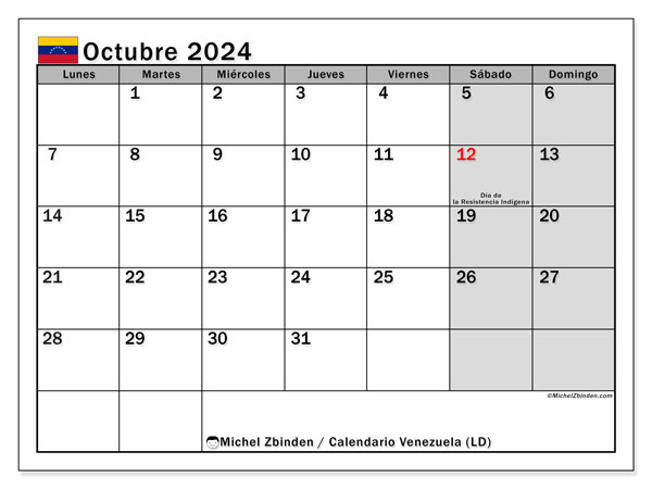 Calendario octubre 2024 “Venezuela”. Programa para imprimir gratis.. De lunes a domingo