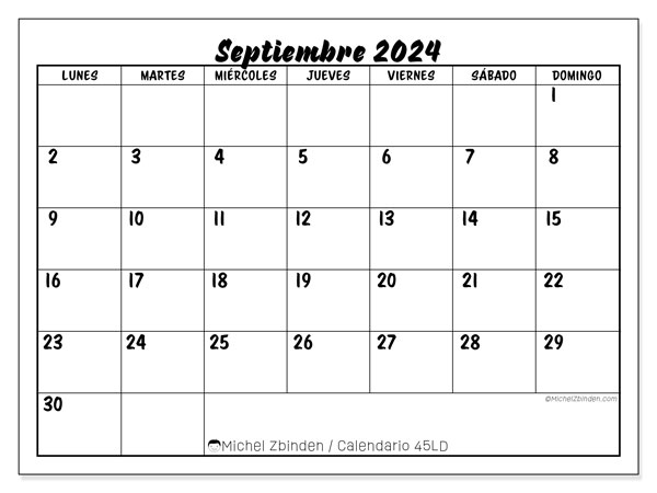 Calendario septiembre 2024 “45”. Calendario para imprimir gratis.. De lunes a domingo