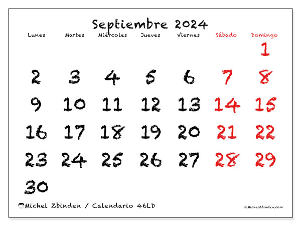 Calendario septiembre 2024, 46DS. Horario para imprimir gratis.