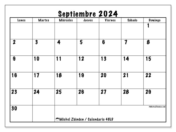 Calendario septiembre 2024, 48DS. Programa para imprimir gratis.