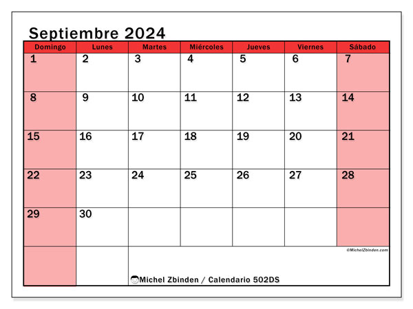 Calendario septiembre 2024 “502”. Diario para imprimir gratis.. De domingo a sábado